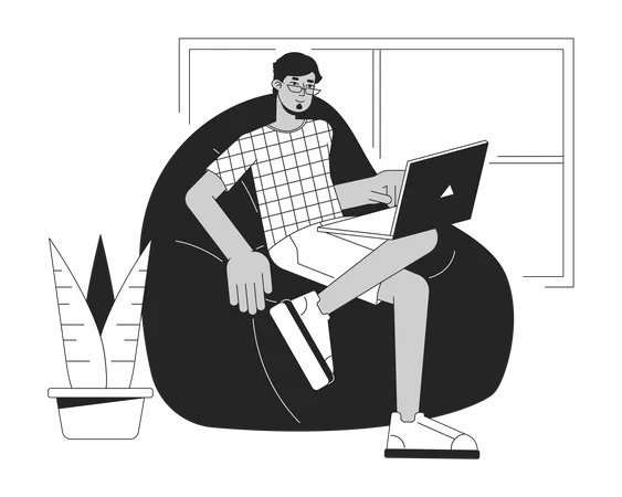 Muslim Freelancer Working At Home Bw Concept Vector Spot Illustration Remote Work 2 D Cartoon Flat Line Monochromatic Character For Web UI Design Editable Isolated Outline Hero Image Illustration