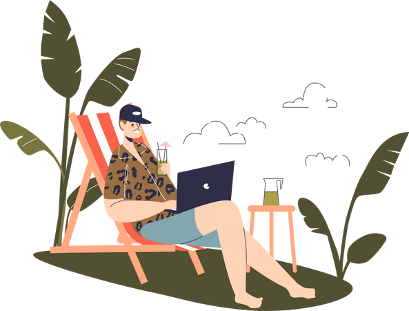 Freelancer working from beach while having a cocktail  Illustration