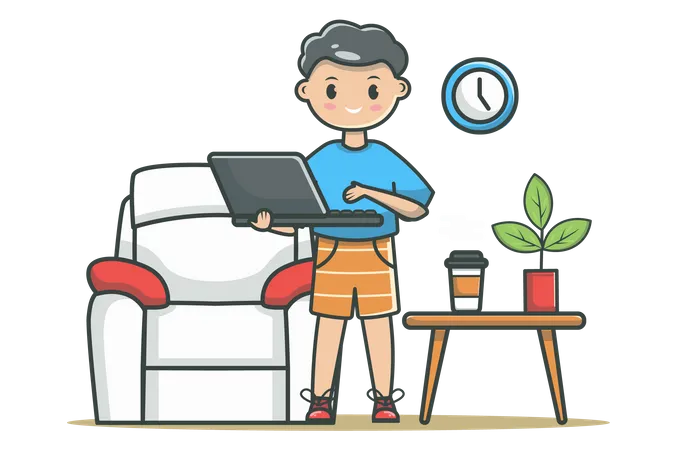 Freelance Workplace Concept In Flat Line Design Home Office Color Outline Scene Man Holding Laptop While Standing By Armchair And Table With Coffee Cup And Plant Vector Illustration With Web Icon Illustration