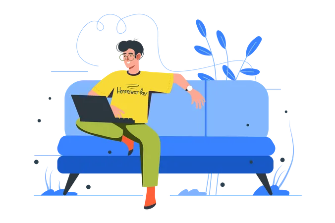 Freelance Working Modern Flat Concept Happy Homeworker With Laptop Sitting On Sofa And Doing Work Tasks Online Freelancer Work From Home Vector Illustration With People Scene For Web Banner Design Illustration