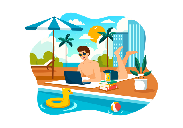Freelancer Working in a Swimming Pool  Illustration