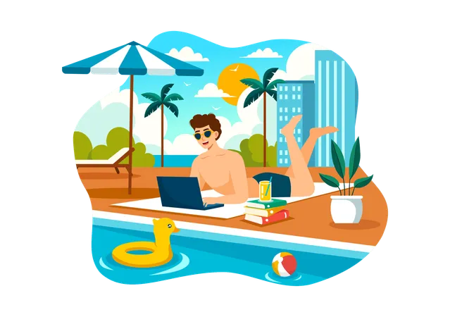 Freelancer Working in a Swimming Pool  Illustration