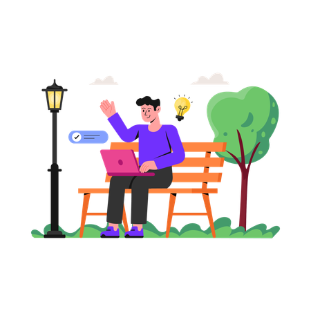 Freelancer Working In Park  Illustration