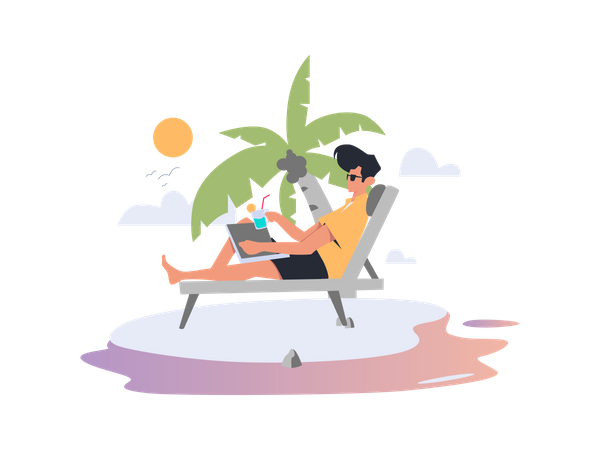 Freelancer working on beach  Illustration