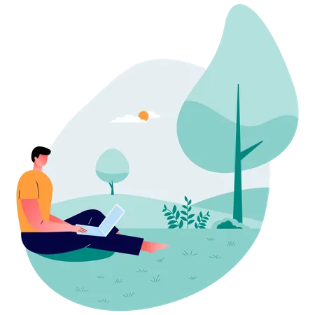 Relaxed Freelancer Guy Sitting On On The Open Space Working In Laptop With Good Natural Places Remote Work Flat Vector Flat Illustration Illustration