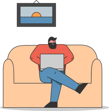 Creative Office Concept Freelance Remote Work And Self Employment Freelancer Or Businessmen Is Working On Laptop Sitting On The Office Sofa Cartoon Linear Outline Flat Style Vector Illustration Illustration