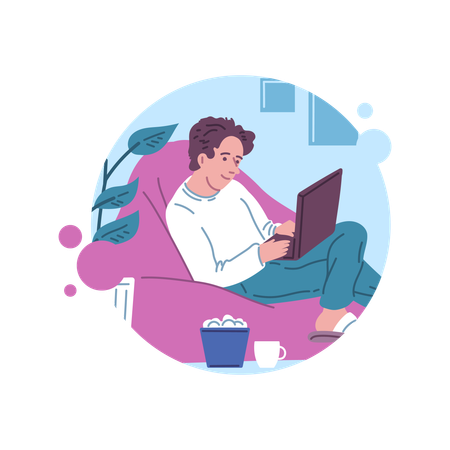 Freelancer working on laptop at home in armchair  Illustration