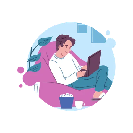 Freelancer working on laptop at home in armchair  Illustration
