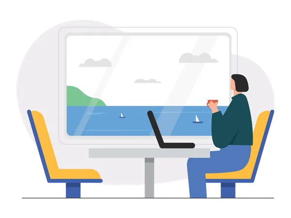 Freelancer working on laptop in train  Illustration