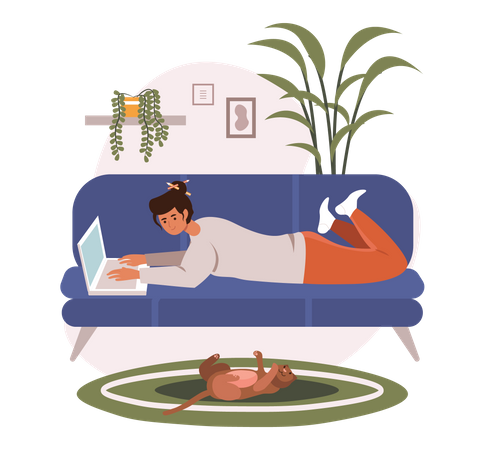 Freelancer working on laptop lying on couch  Illustration