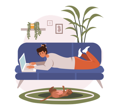 Freelancer working on laptop lying on couch Illustration