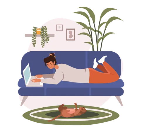 Freelancer working on laptop lying on couch  Illustration