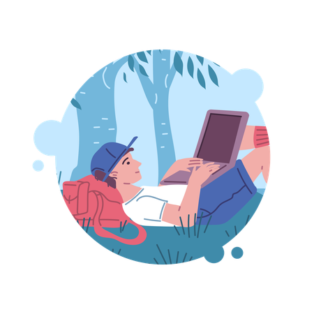 Freelancer working on laptop outdoor under tree  Illustration