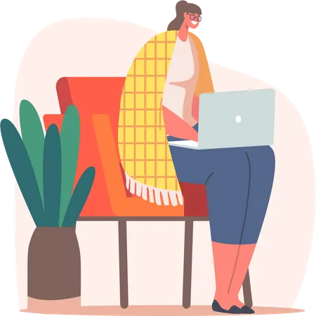 Relaxed Business Woman Or Freelancer Working On Laptop Sitting On Chair Covered With Cozy Plaid Freelance Outsourced Employee Occupation Working Activity Online Job Cartoon Vector Illustration Illustration