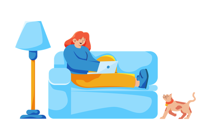 Freelancer working on laptop sitting on sofa with cat  Illustration