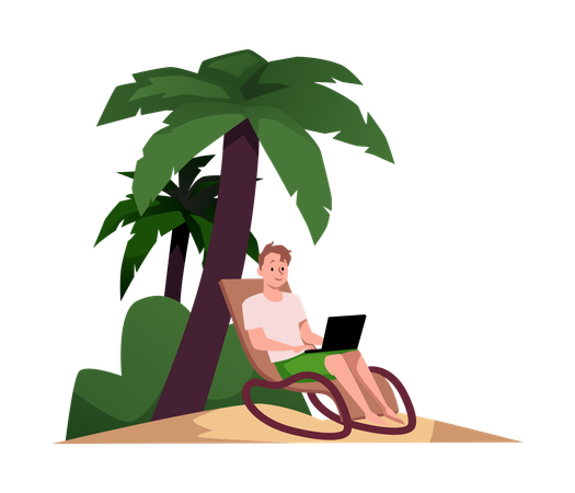 Freelancer working on laptop under palm tree  Illustration