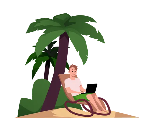Freelancer working on laptop under palm tree  Illustration