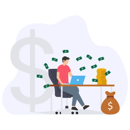 Freelancer working on laptop while earning money  Illustration