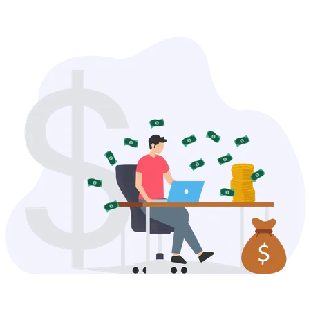 Freelancer working on laptop while earning money  Illustration