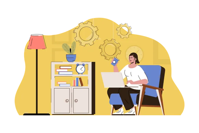 Remote Workplace Concept Employee Working Online With Laptop From Home Office Situation Comfortable Workflow People Scene Vector Illustration With Flat Character Design For Website And Mobile Site Illustration