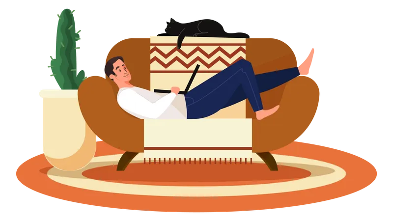 Freelancer Working On Sofa At Home Male Holding A Laptop Concept Of Freelance Lifestyle Illustration