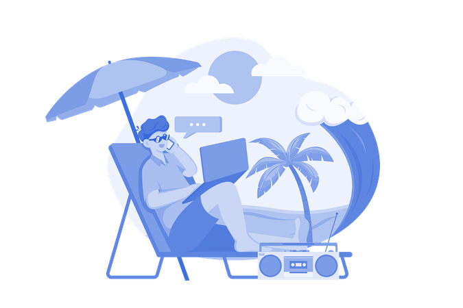 Freelancer Working On The Beach  Illustration