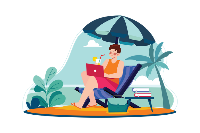 Freelancer working on the beach  Illustration