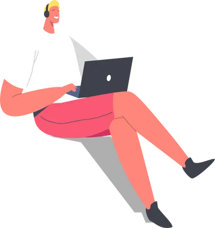 Freelance Occupation Distant Education Concept Relaxed Man Freelancer Character Wear Headphones Working Distant On Laptop Class Learning Remote Workplace Cartoon People Vector Illustration Illustration