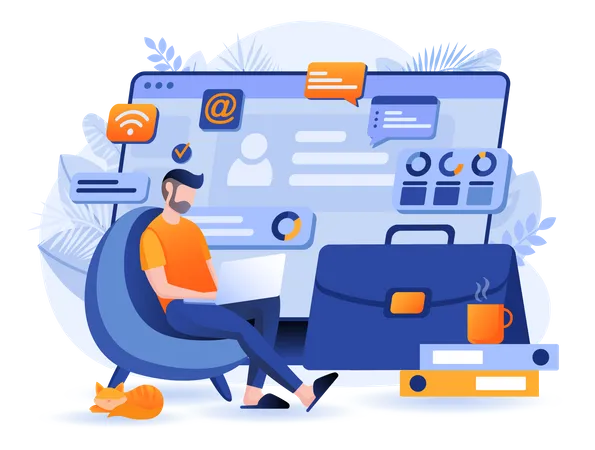 Freelancer Working While Sitting On Chair  Illustration