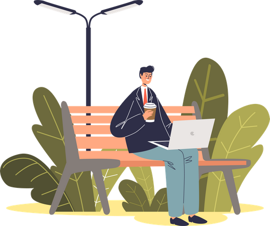 Freelancer working while sitting on park bench Illustration
