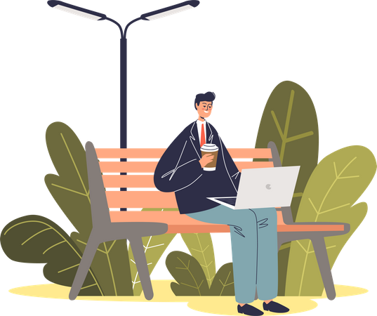 Freelancer working while sitting on park bench  Illustration