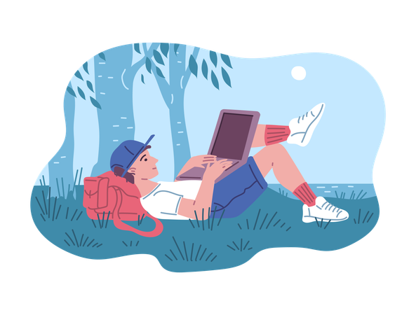 Freelancer works in comfortable conditions in park  Illustration