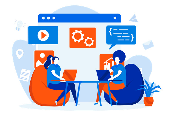 Freelancers trabalhando juntos no projeto  Ilustração