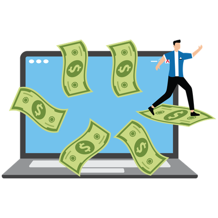 Freelancing businessman riding a flying banknote from inside a laptop  Illustration