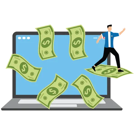 Freelancing businessman riding a flying banknote from inside a laptop  Illustration