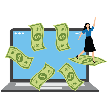 Freelancing businesswoman riding a flying banknote from inside a laptop  Illustration