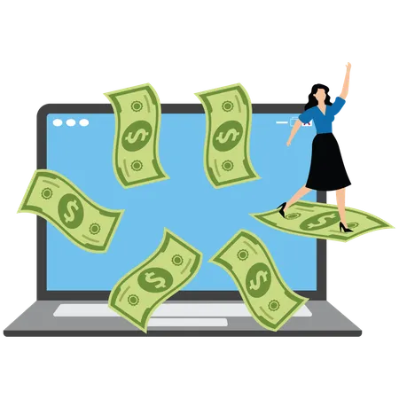 Freelancing businesswoman riding a flying banknote from inside a laptop  Illustration