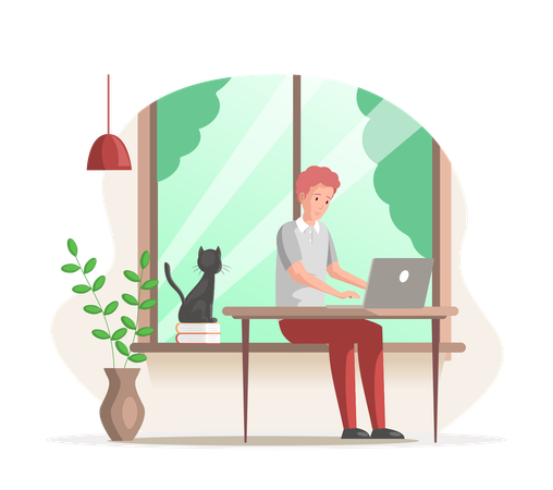 Freelancing Male emlpoyee working on laptop  Illustration