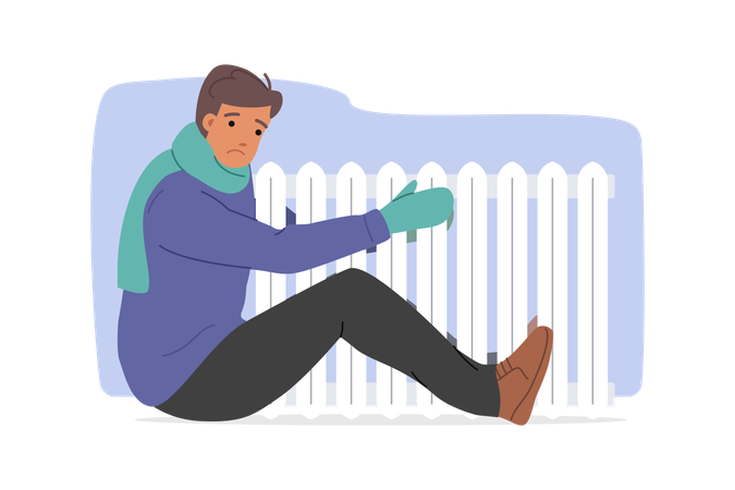 Freezing man hugs radiator to escape cold due to sharp drop in temperature in apartment  Illustration