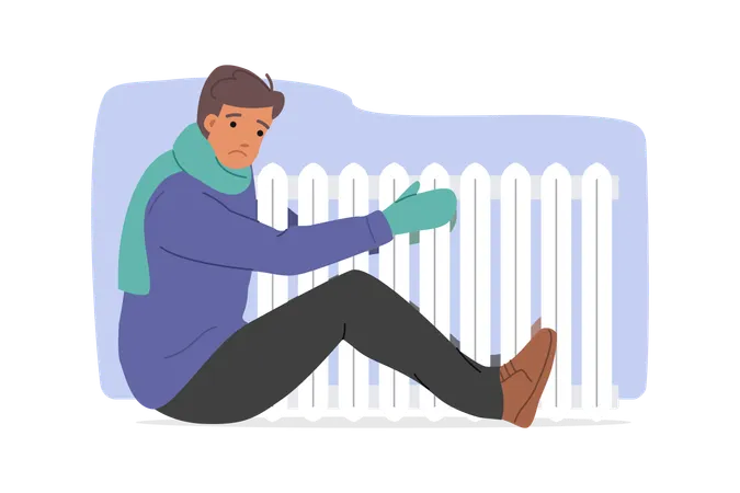 Freezing man hugs radiator to escape cold due to sharp drop in temperature in apartment  Illustration