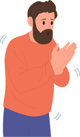 Freezing man rubbing hands blowing into palms trying to warm  イラスト