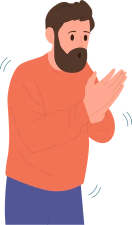 Freezing man rubbing hands blowing into palms trying to warm  イラスト