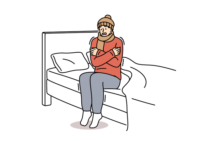 Freezing man sitting on bed and shaking  Illustration