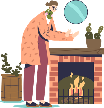 Freezing woman warming hands at fireplace wearing warm clothes indoors suffer from cold at home Illustration