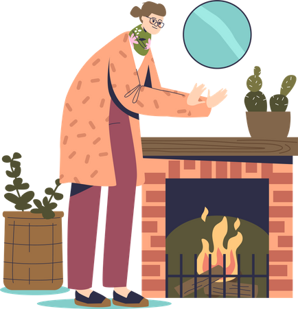 Freezing woman warming hands at fireplace wearing warm clothes indoors suffer from cold at home  Illustration