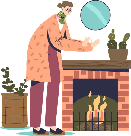 Freezing woman warming hands at fireplace wearing warm clothes indoors suffer from cold at home  Illustration