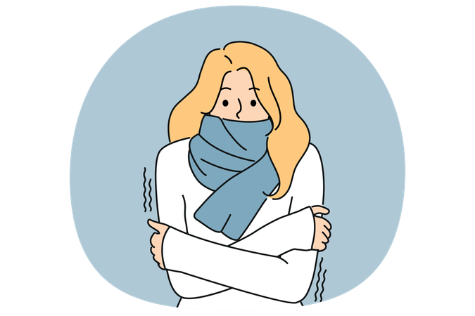 Freezing woman with scarf around neck shivering from cold and needs warm clothes  Illustration
