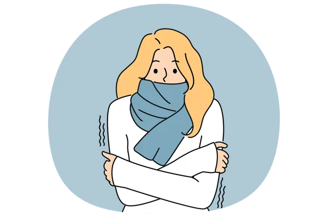 Freezing woman with scarf around neck shivering from cold and needs warm clothes  Illustration