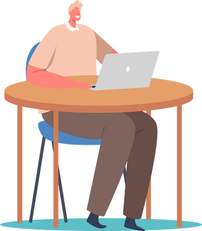Freiberufler sitzt auf Sessel und Schreibtisch und arbeitet am Laptop  Illustration
