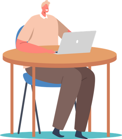 Freiberufler sitzt auf Sessel und Schreibtisch und arbeitet am Laptop  Illustration